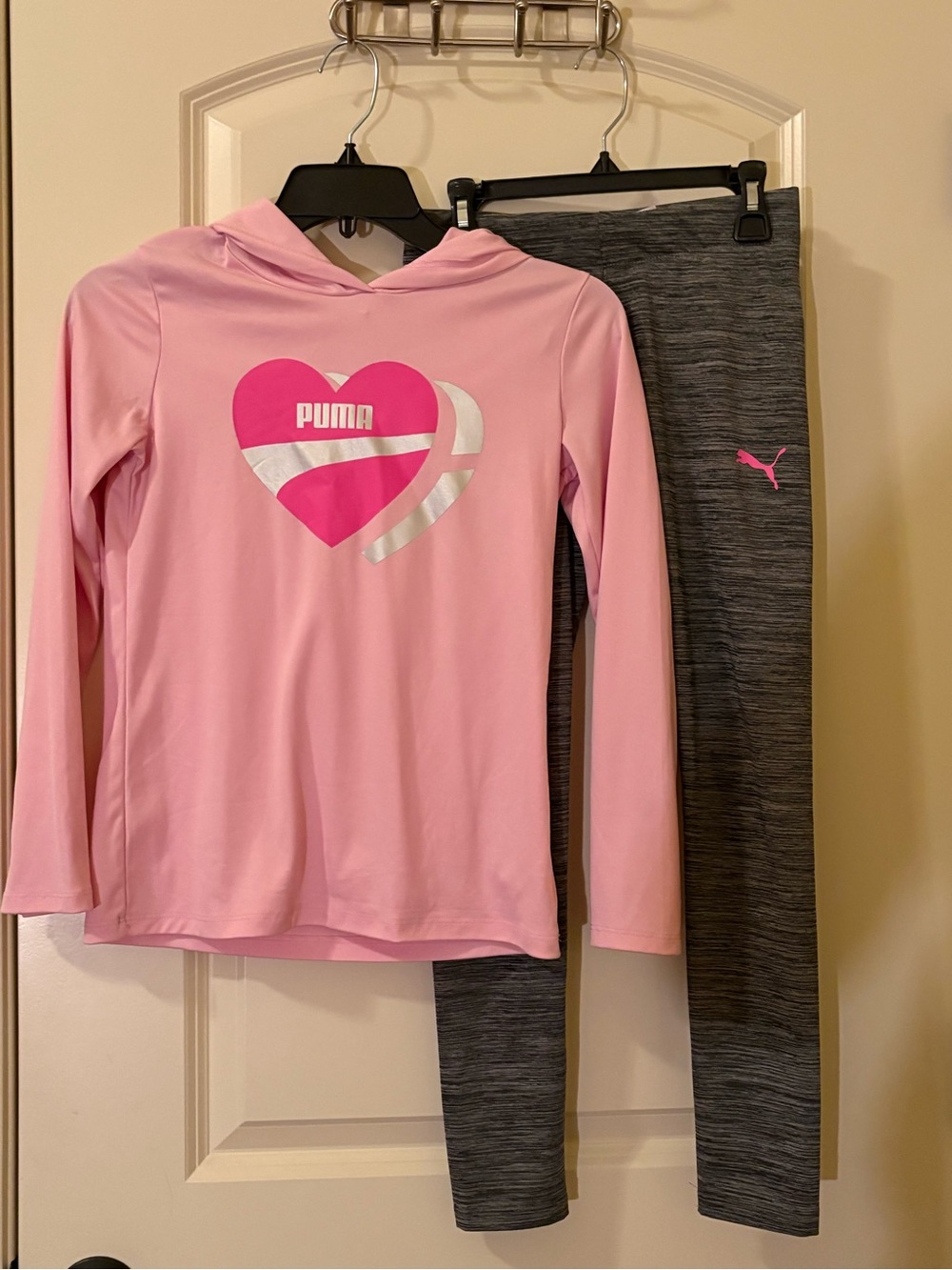 PUMA Girls' Pink Heart Hoodie & Gray Leggings Set